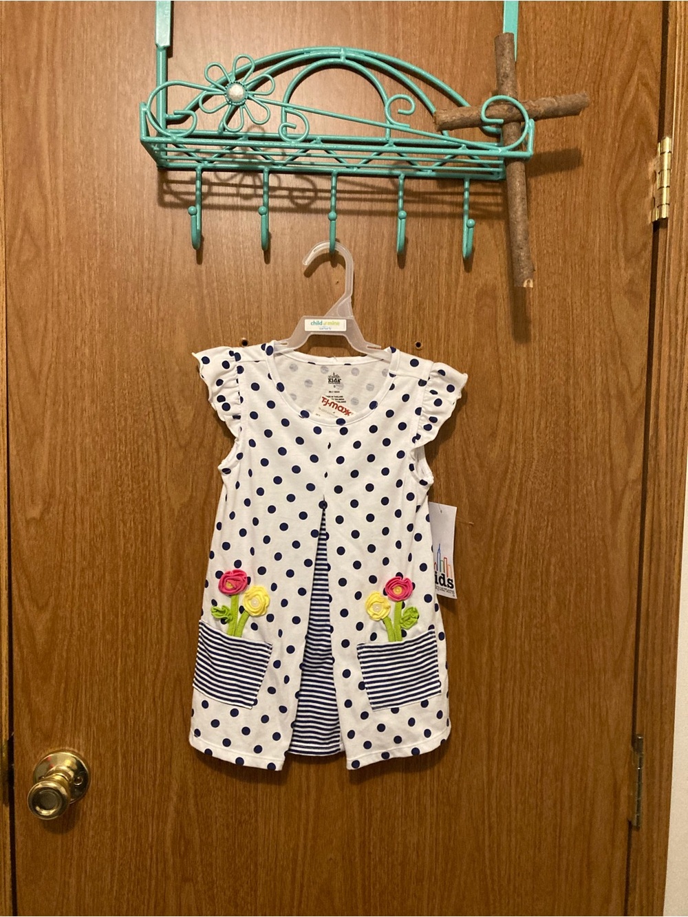 Kids Headquarters White Dress with Navy Polka Dots